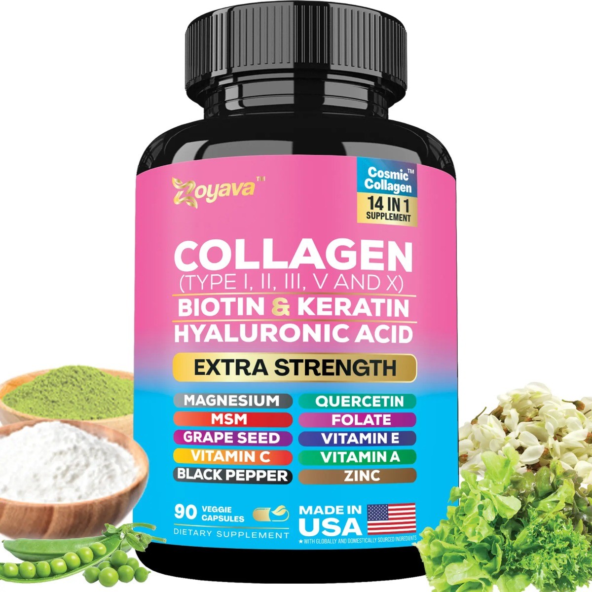 Zoyava 5-Type Collagen Complex – Types I,II,III,V,X with Biotin & Keratin, 90ct