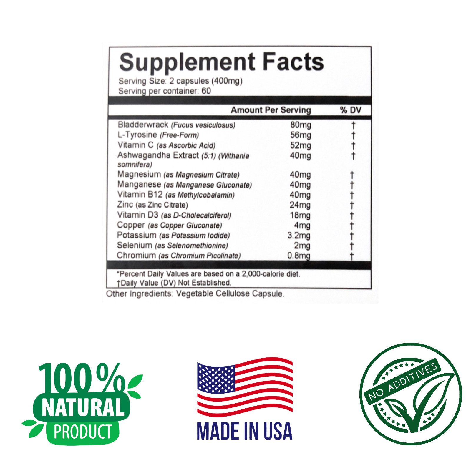 ULTRA THYROID SUPPLEMENT with Iodine, Ashwagandha 120 caps., Metabolism, Energy