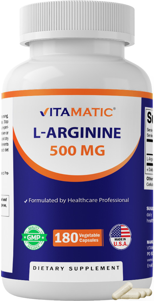 Vitamatic L-Arginine 500mg, 180 Vegetarian Capsules – Amino Acid Supplement
