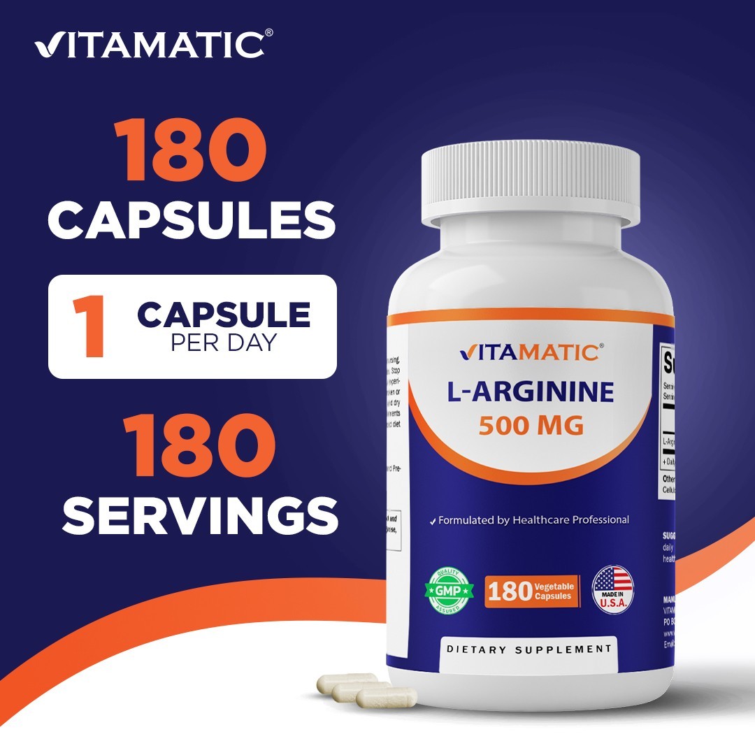 Vitamatic L-Arginine 500mg, 180 Vegetarian Capsules – Amino Acid Supplement