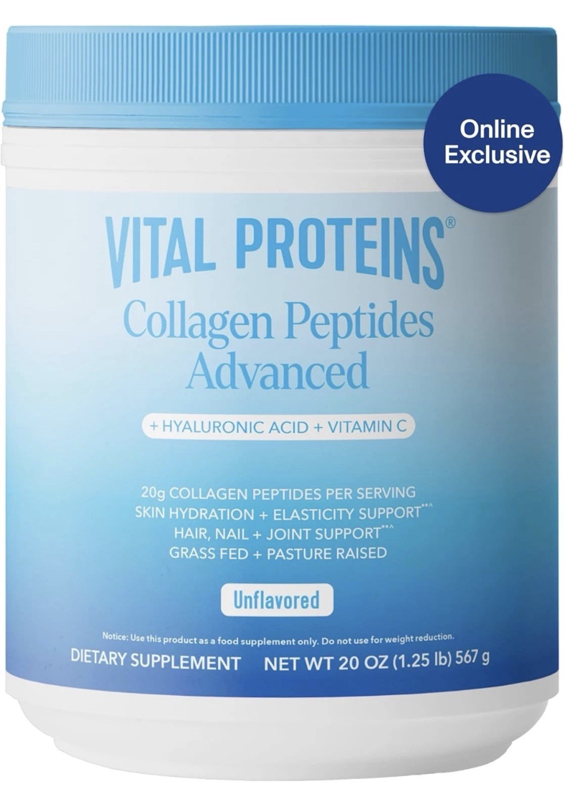 Vital Proteins Collagen Peptides Powder Advanced Hyaluronic Acid +Vitamin C 20oz