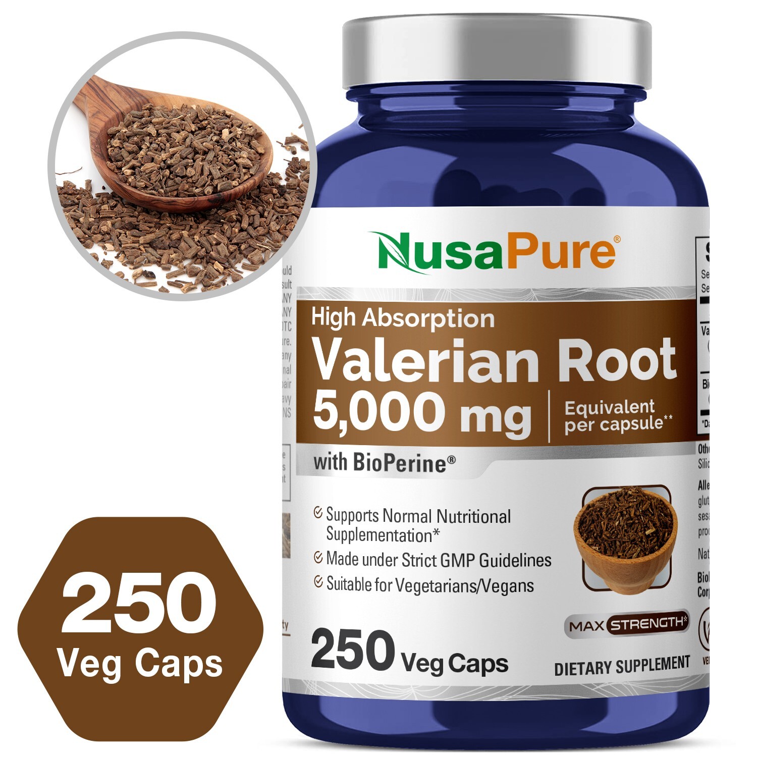 NusaPure Valerian Root 5,000 mg per Veggie Caps with Bioperine – 250 Caps