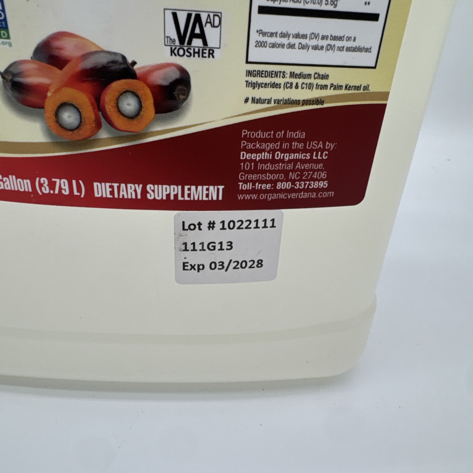 Verdana MCT Oil, Fractionated, 100% from palm kernels- 1 Gallon only C8 & C10