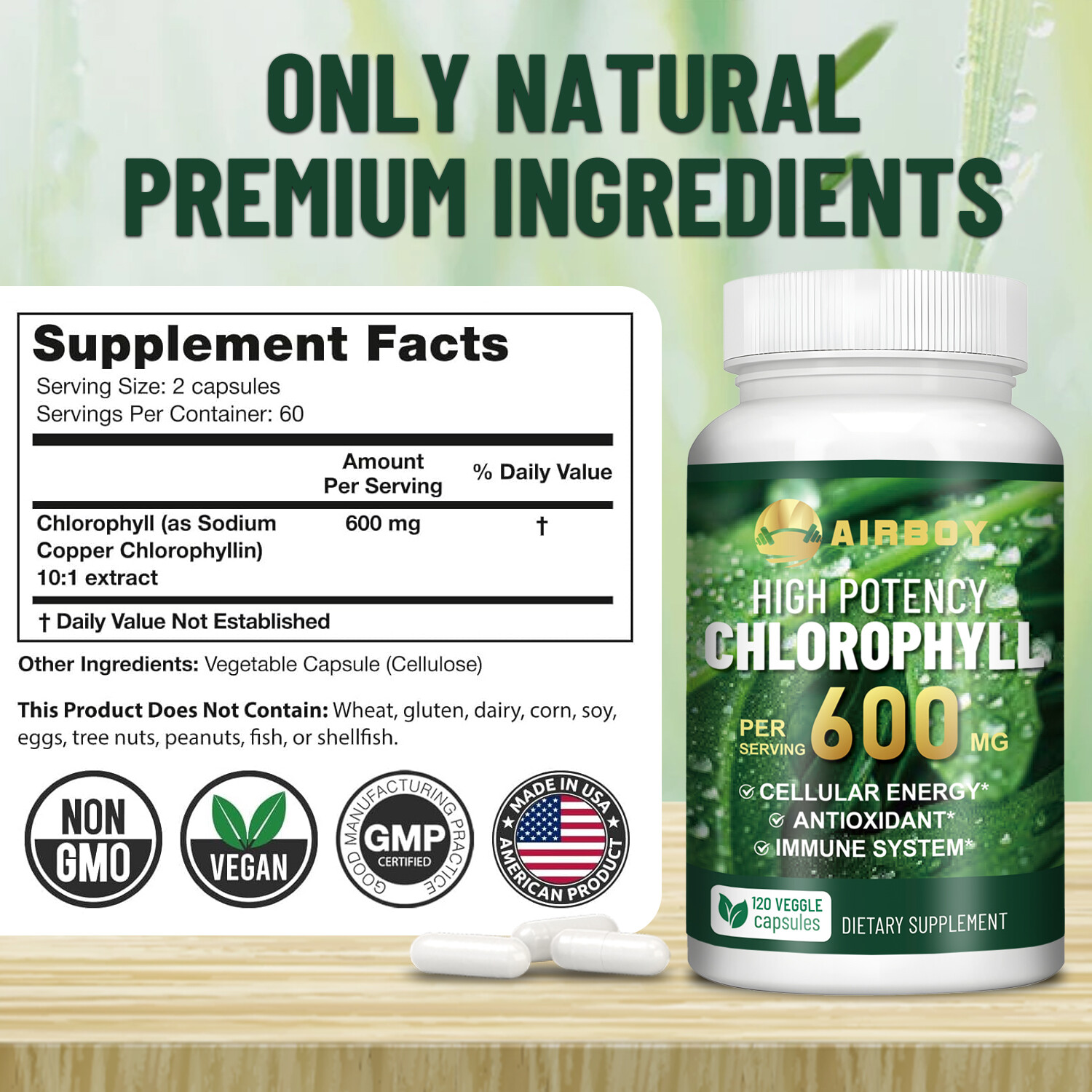 Chlorophyll Capsules 600mg – Skin Health, Antioxidant, Detox, Immune Support