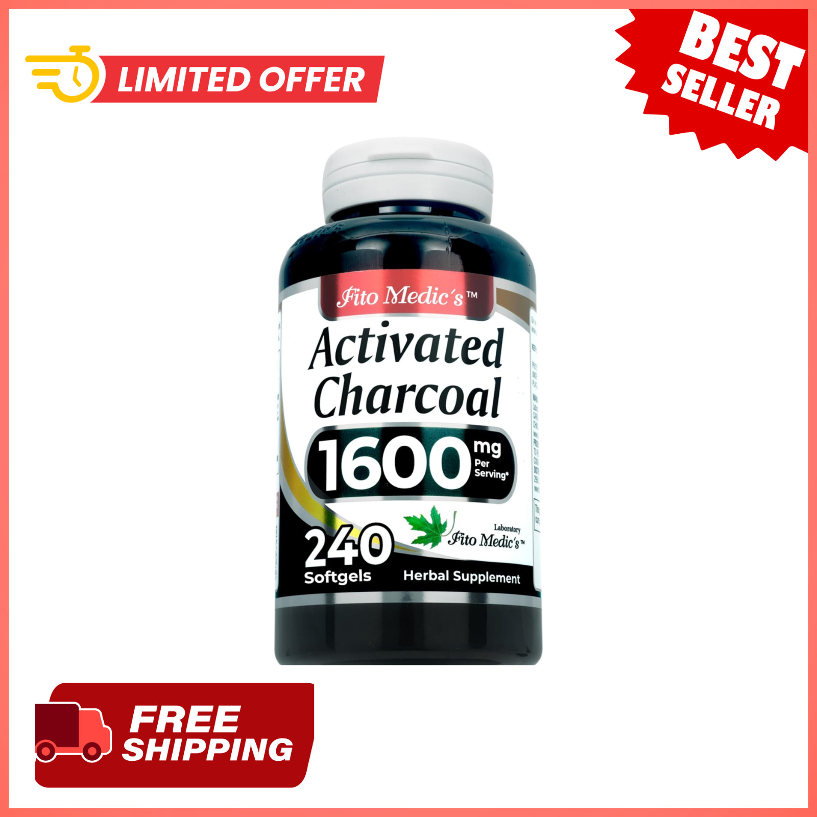 Activated Charcoal 1600mg 240Caps From Coconut Shells NO PreservativGluten Free