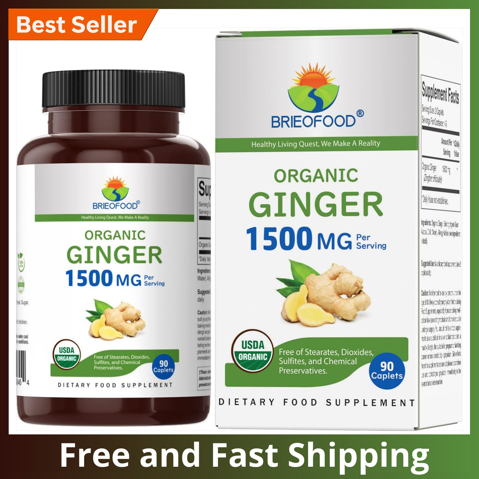 Brieofood Organic Ginger 1500mg, 45 Servings, 90 Count (Pack of 1)