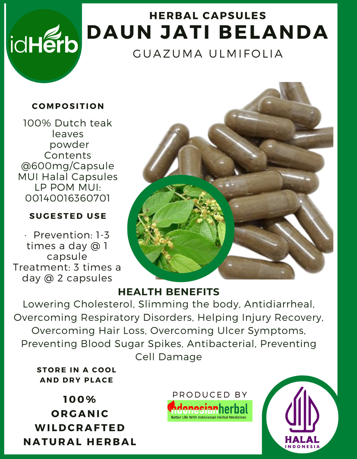 [idHerb] 100-800 Capsule West Indian elm Bay Cedar Guazuma Ulmifolia WildCrafted