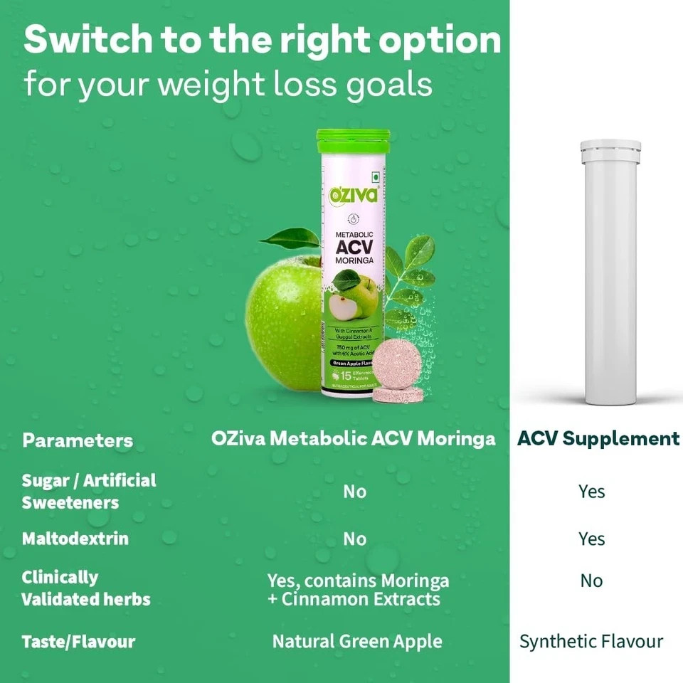 OZiva ACV Moringa Effervescent Tablets Green Apple 60 Tablets 4 Pack