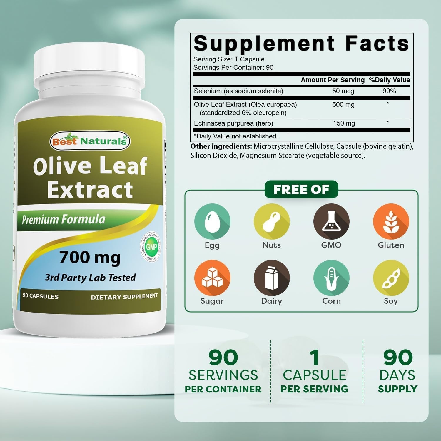 Olive Leaf Extract Capsules 700 Mg – 90 Count, GMP Certified, Made in USA