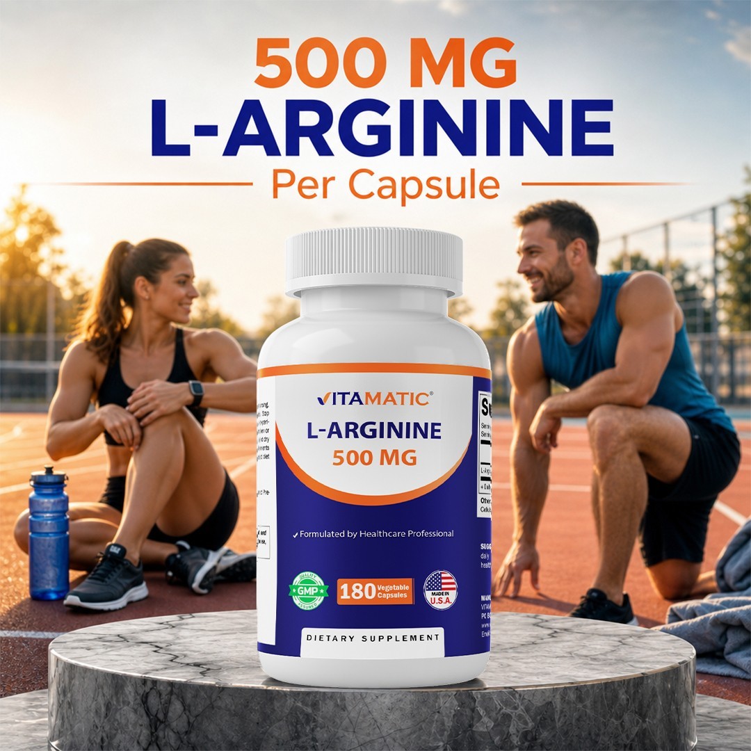 Vitamatic L-Arginine 500mg, 180 Vegetarian Capsules – Amino Acid Supplement