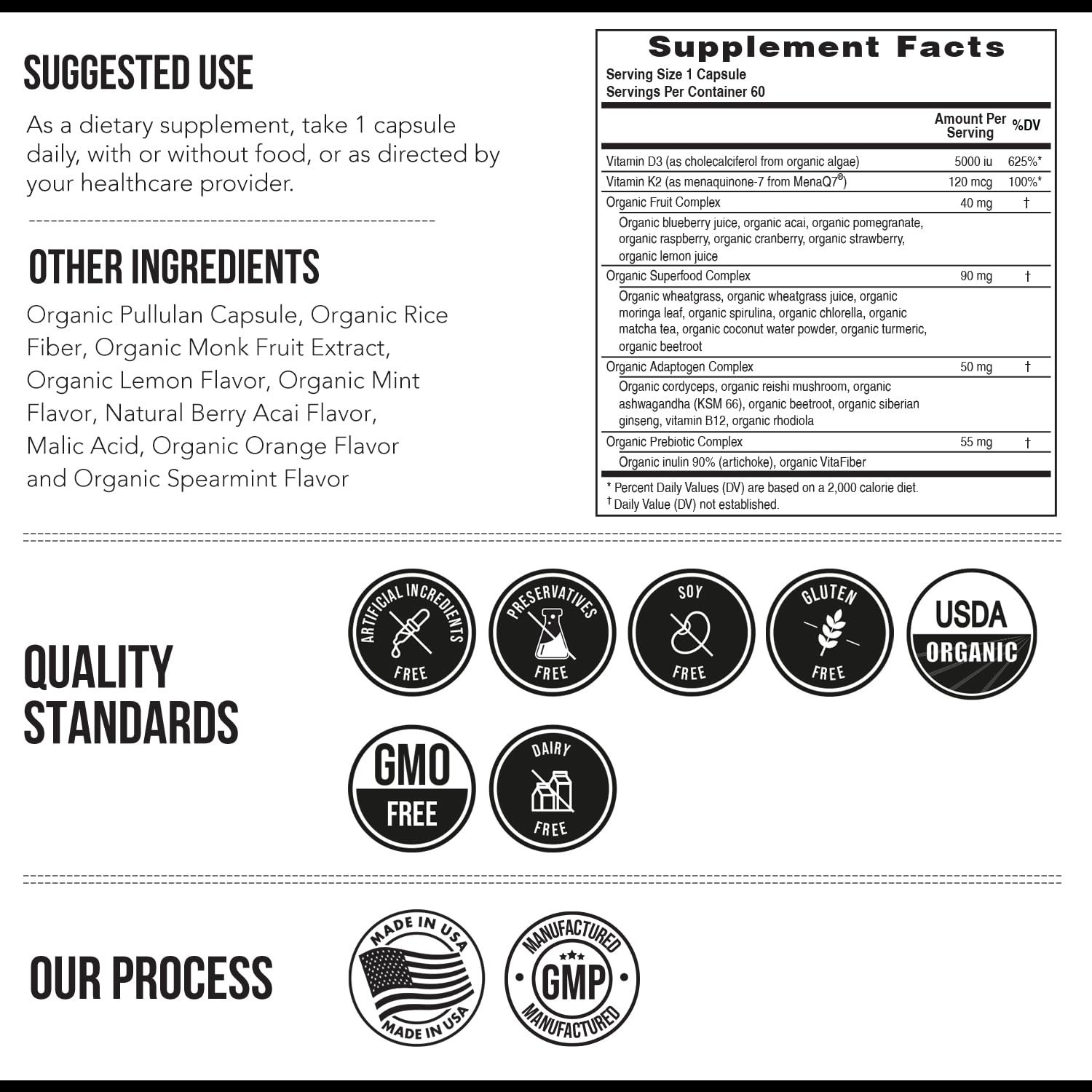 Organic D3 K2 Vitamins 5000 IU + 120 mcg MK7 | Vegan Whole Food Supplement – 60