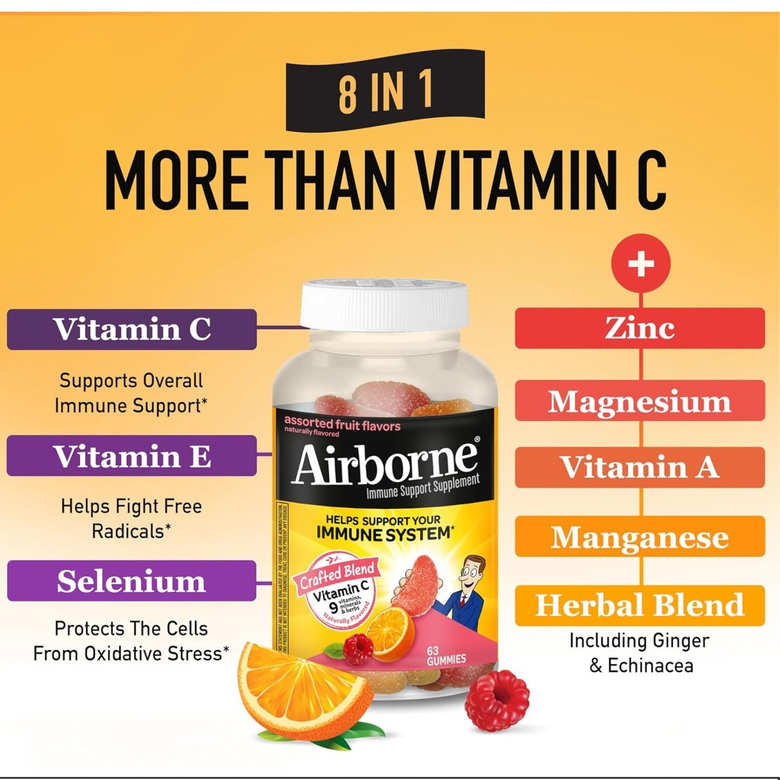 Airborne 750mg Vitamin C Gummies Immune Support Supplement Antio