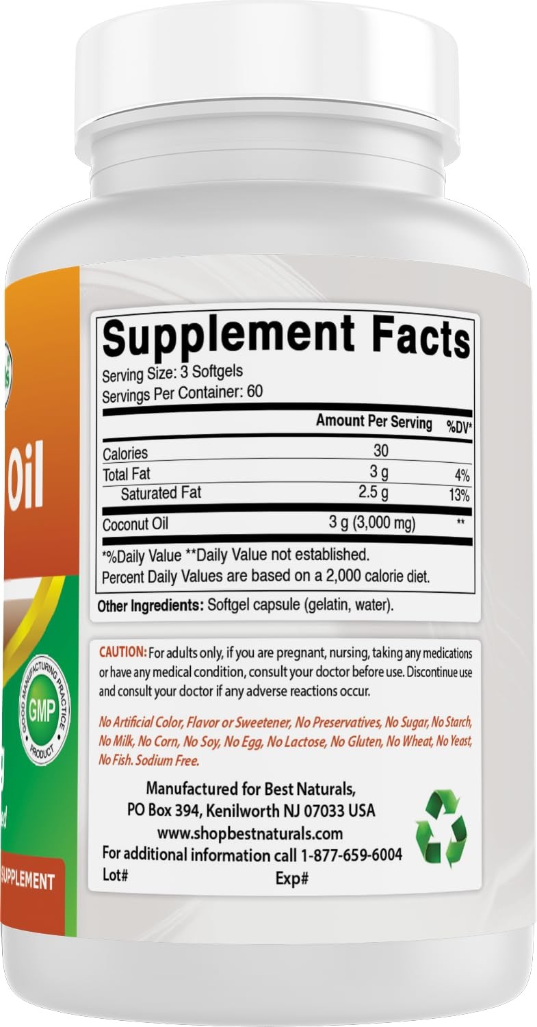 Best Naturals Extra Virgin Coconut Oil 1000 mg Softgel, 180 Count