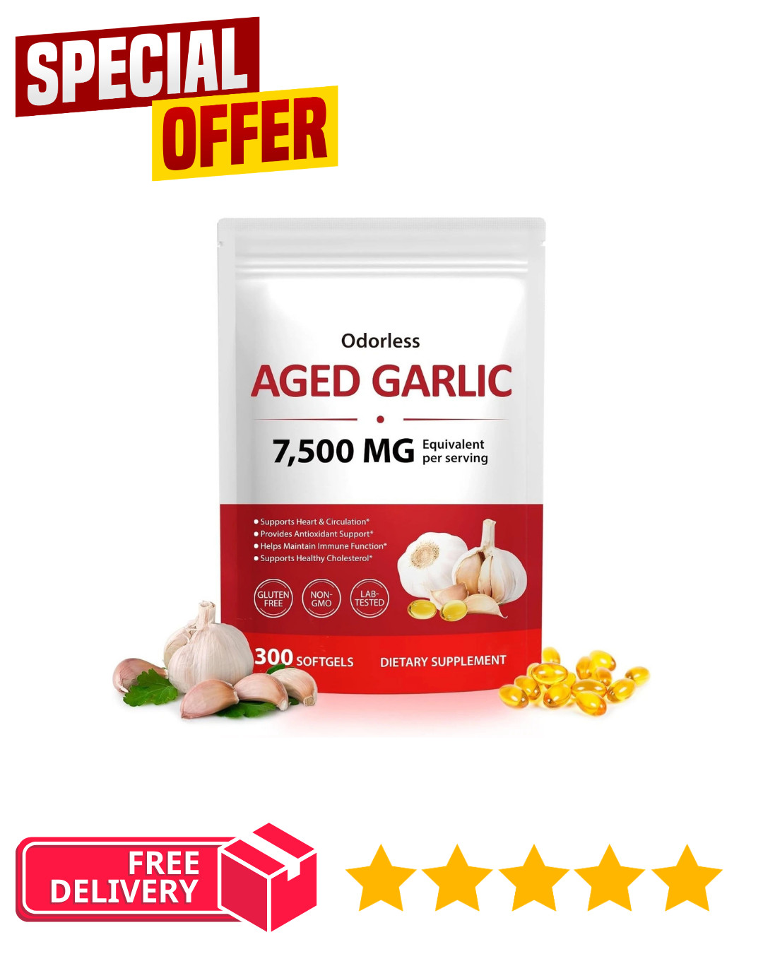 Odorless Garlic 7500Mg per Servings, 300 Softgels | 2 Years Aged Garlic Extra…