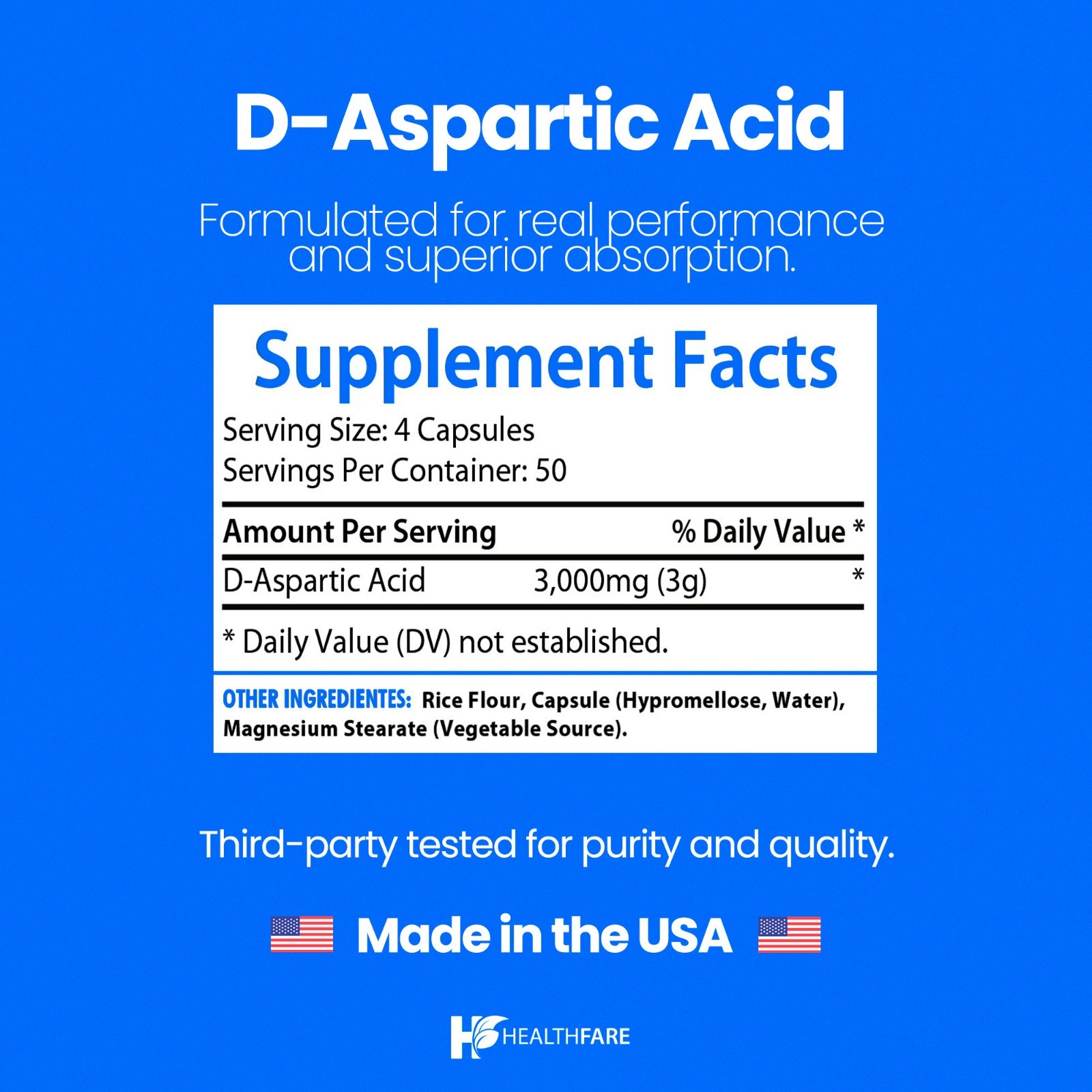 D-Aspartic Acid (DAA) 3000mg 200 Capsules DAA Premium Amino Acid HealthFare