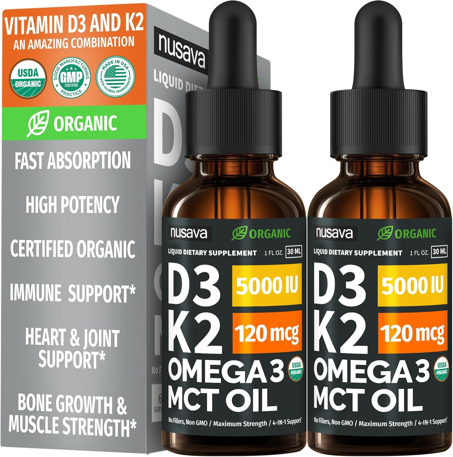 “Maximum Stre, Organic Vitamin D3 K2 Drops MCT Oil Omega Pack) 5000 IU, (2 3”