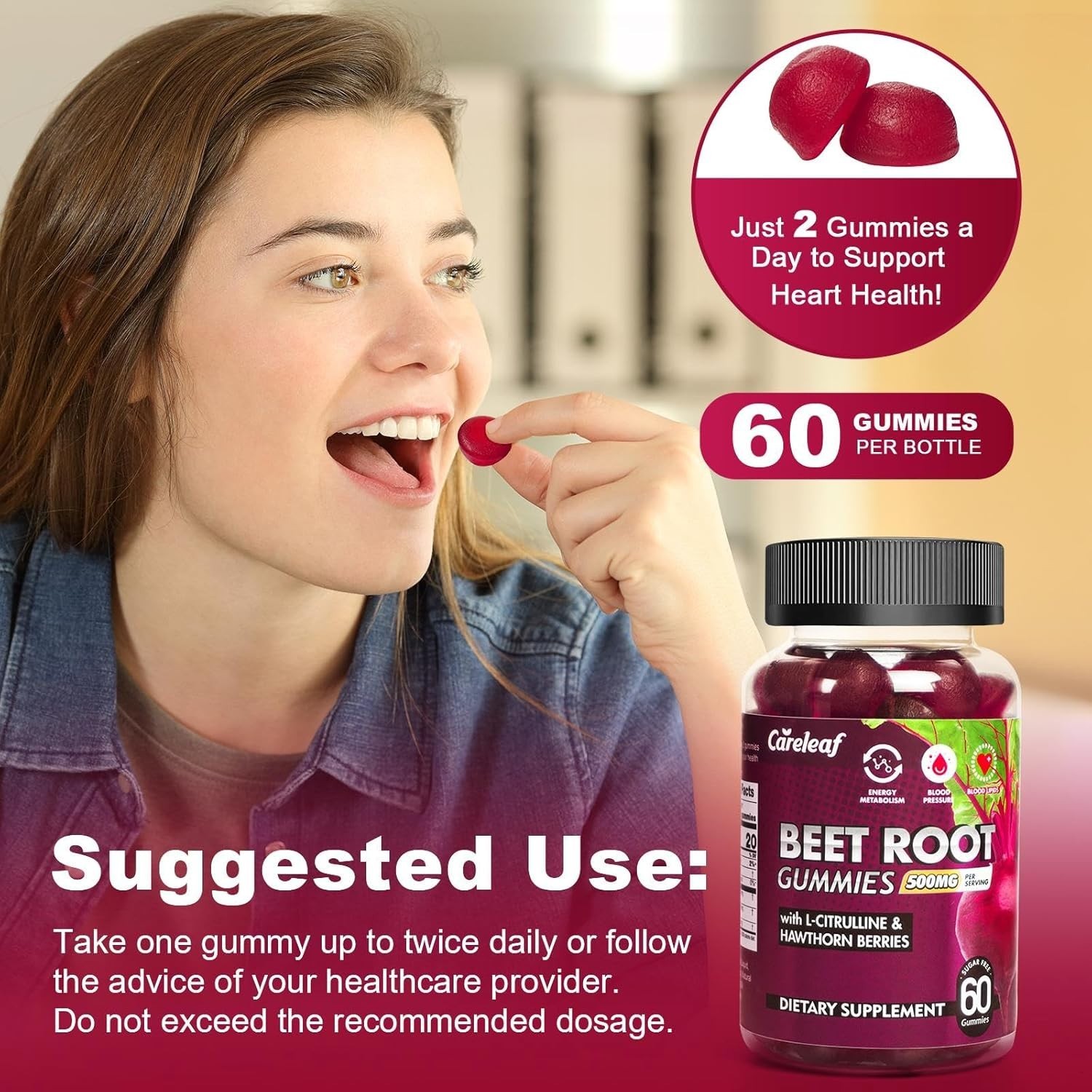 Careleaf Beetroot Gummies 500mg Energy Booster 60Ct