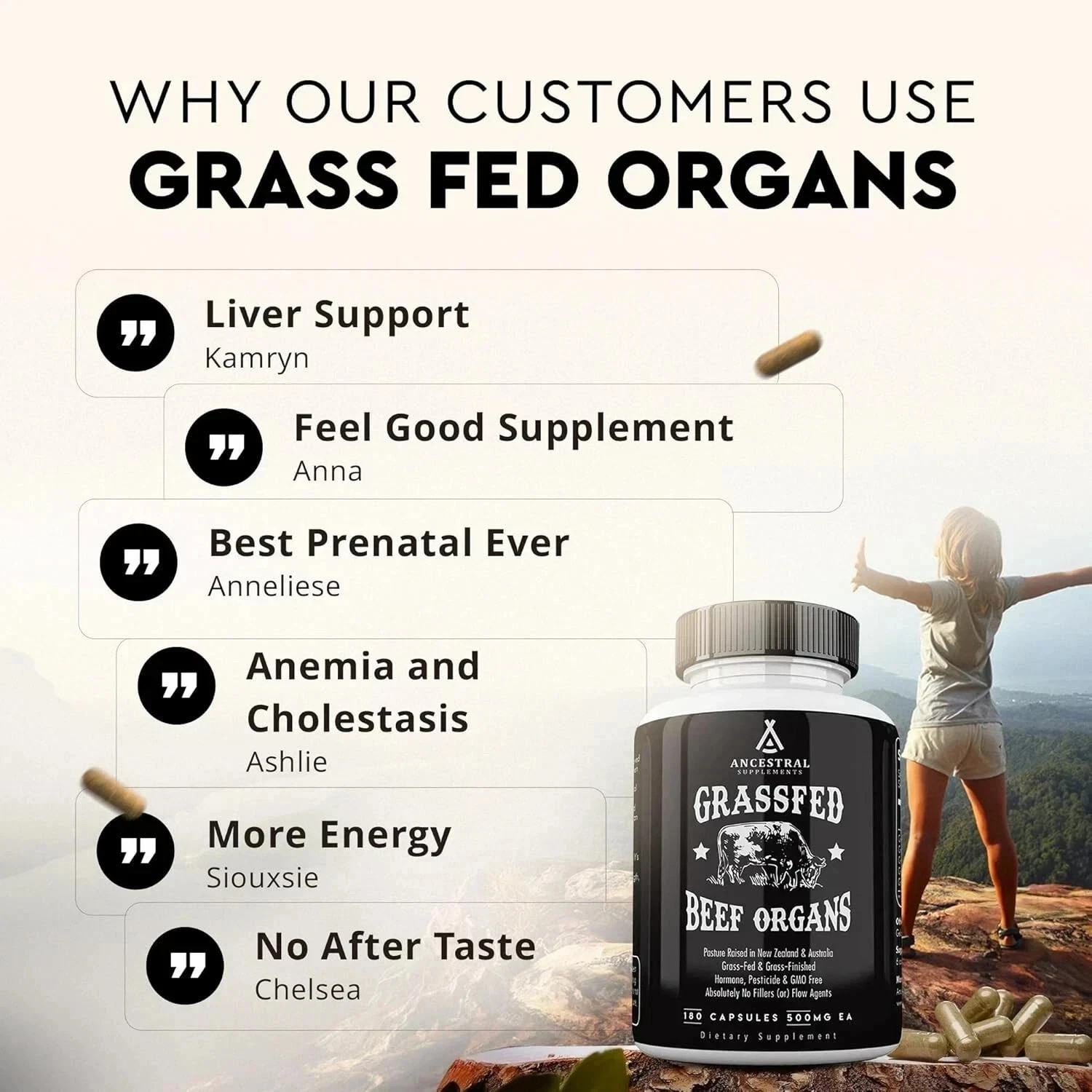 180 Capsules Ancestral Supplements Grass Fed Beef Organ Supplement-3 bottles