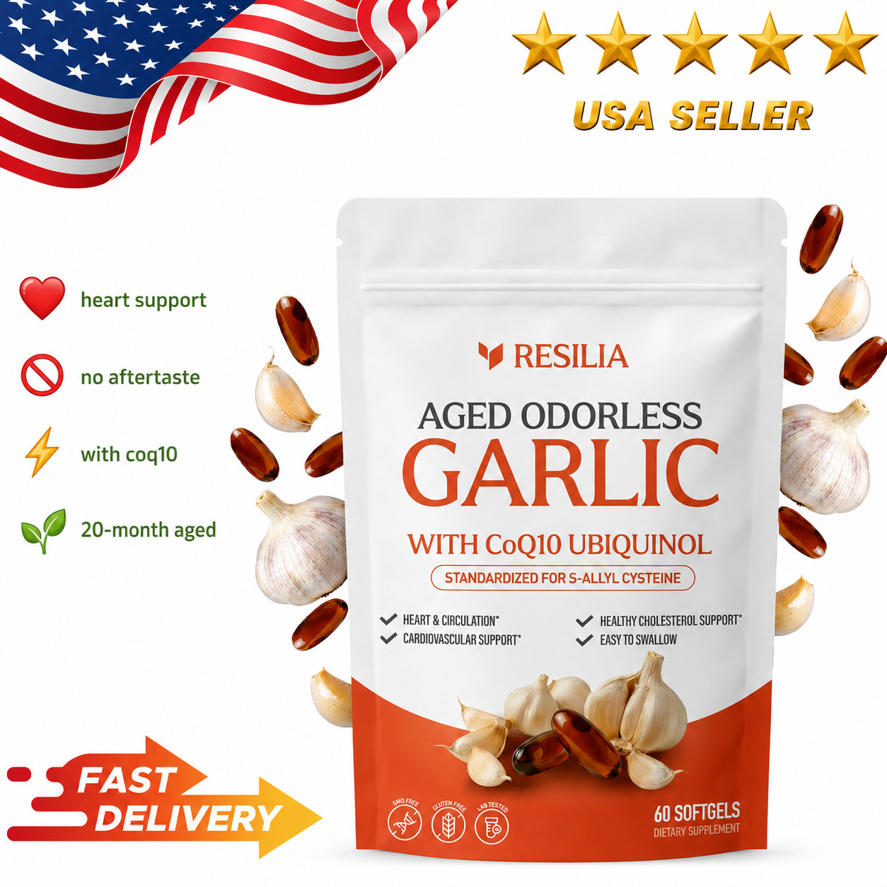 Odorless Aged-Resilia Garlic Extract 600mg Softgels (60 Count) with CoQ10