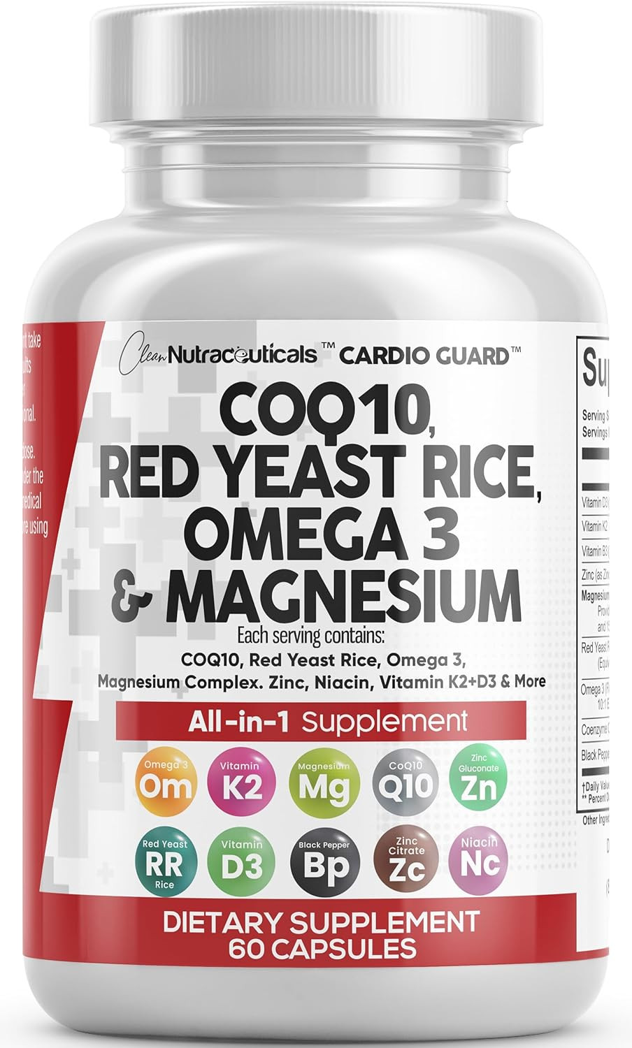 Clean Nutraceuticals COQ10 Red Yeast Rice Omega3 Magnesium Heart Support 60 Ct