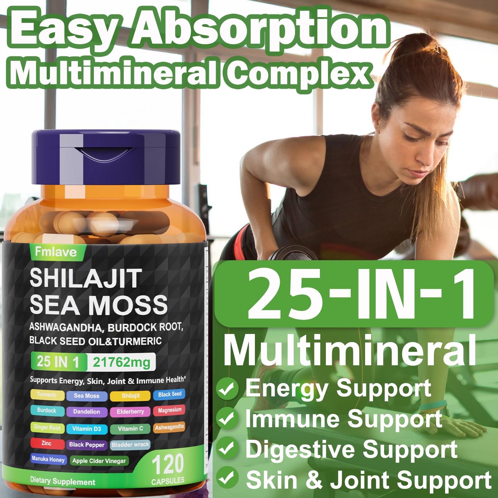 120 Pills Organic Irish Sea Moss 21762MG with Burdock Root Bladderwrack Shilajit
