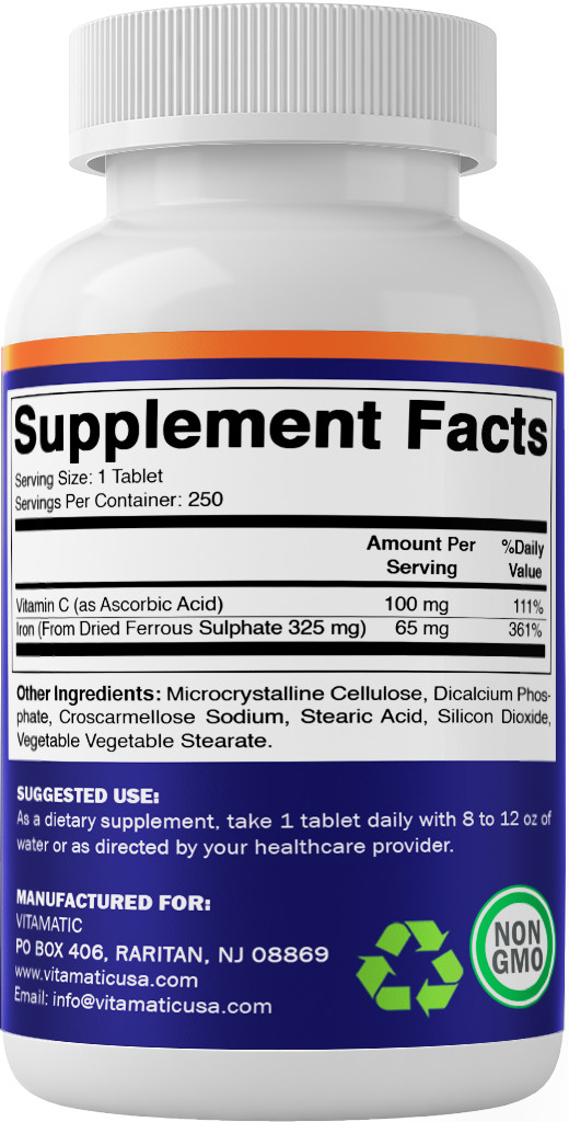 Vitamatic Ferrous Sulphate 325 mg + Vitamin C 100 mg- 250 coated tablets
