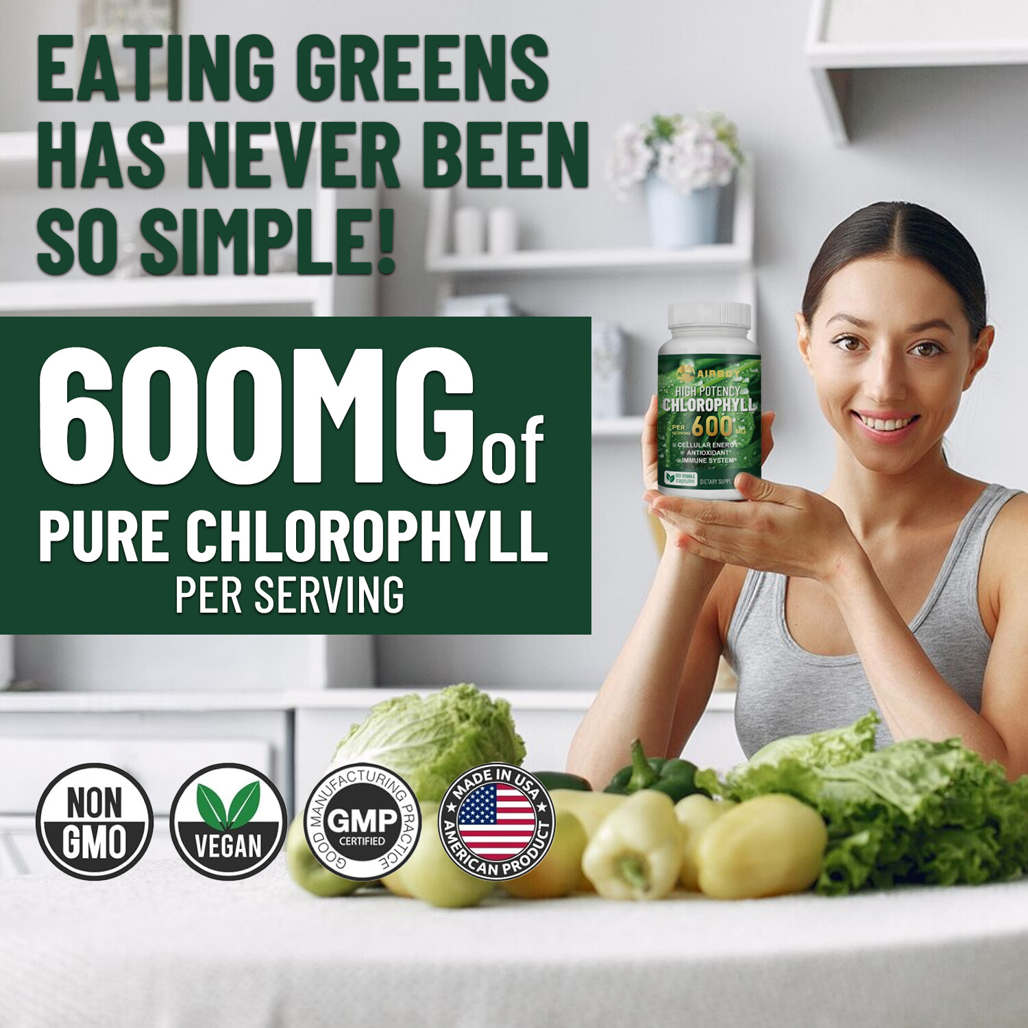Chlorophyll Capsules 600mg – Skin Health, Antioxidant, Detox, Immune Support