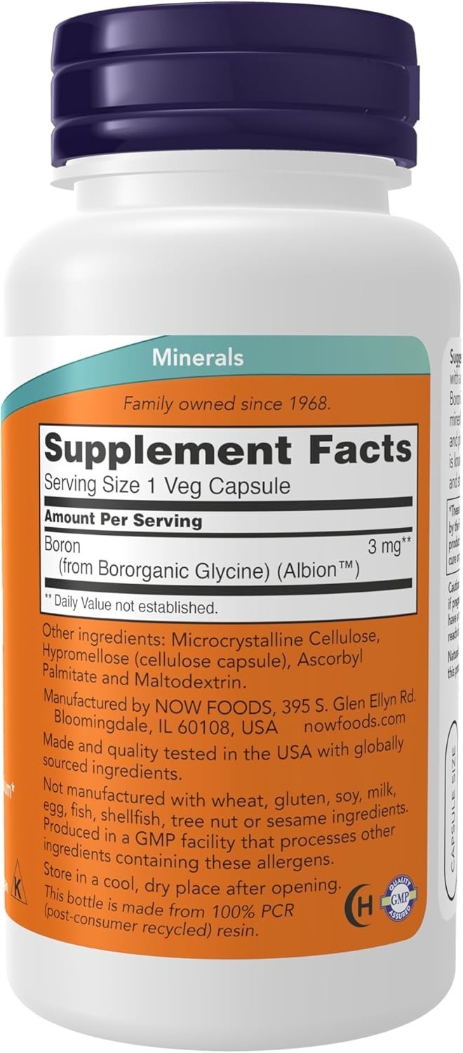NOW Supplements, Boron 3 Mg Bororganic Glycine, 100 Veg Capsules