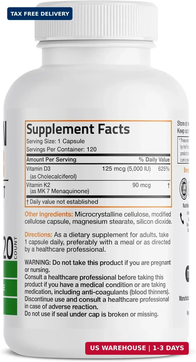 Vitamin K2 D3 (MK7) Supplement 2-in1 D3 & K2 Complex, 120 Capsules | Bon