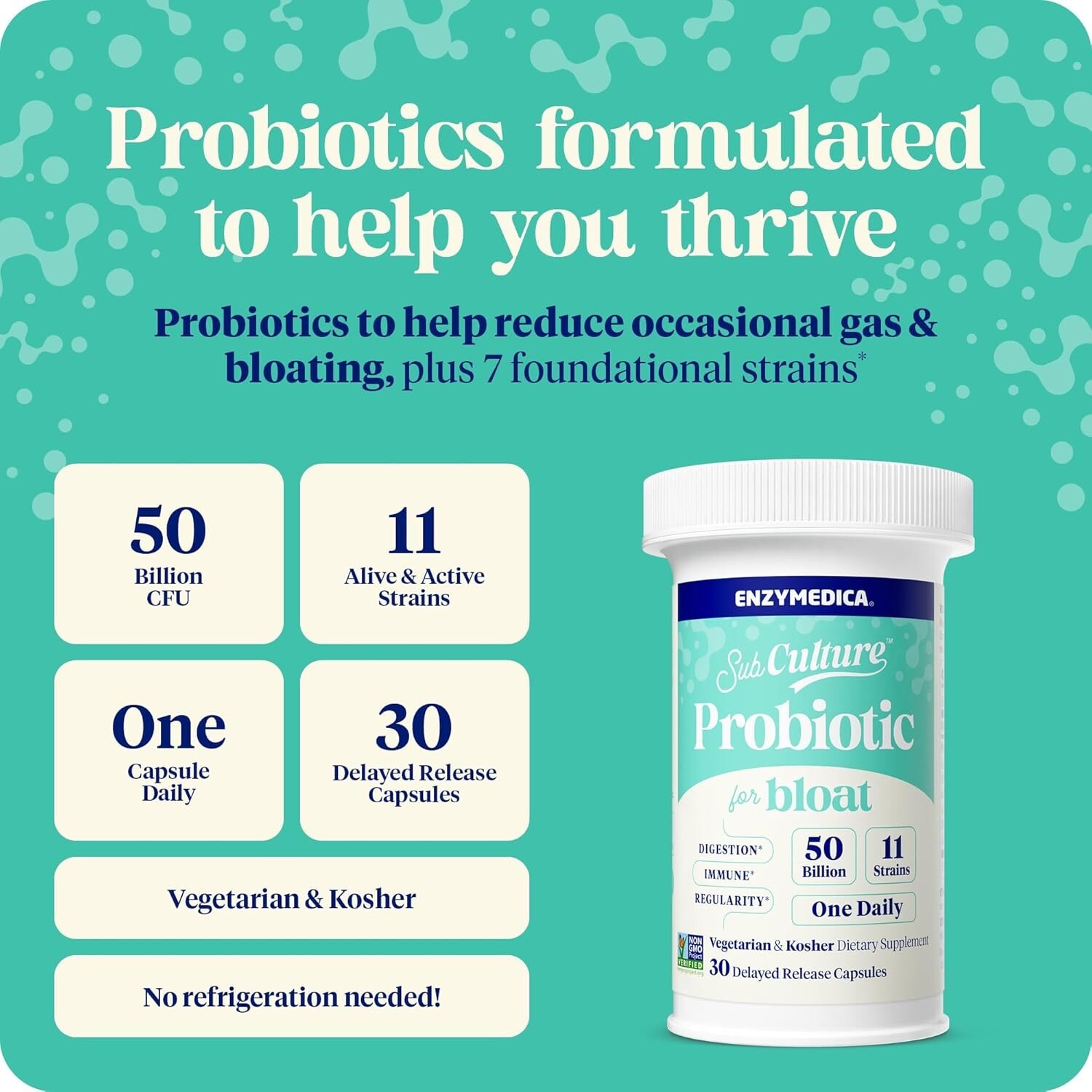 Enzymedica, SubCulture Probiotics for Gas & Bloating, 50 Billion CFU 30 Capsules