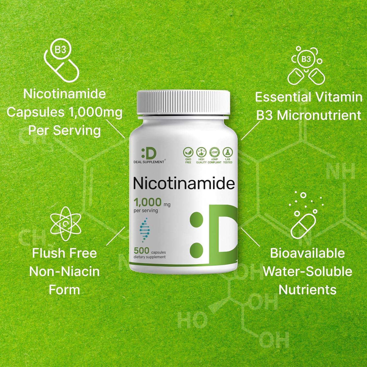 Vitamina B3 Nicotinamida 1000mg 500 Capsulas Sin Rubor Salud Piel y Energia NEW