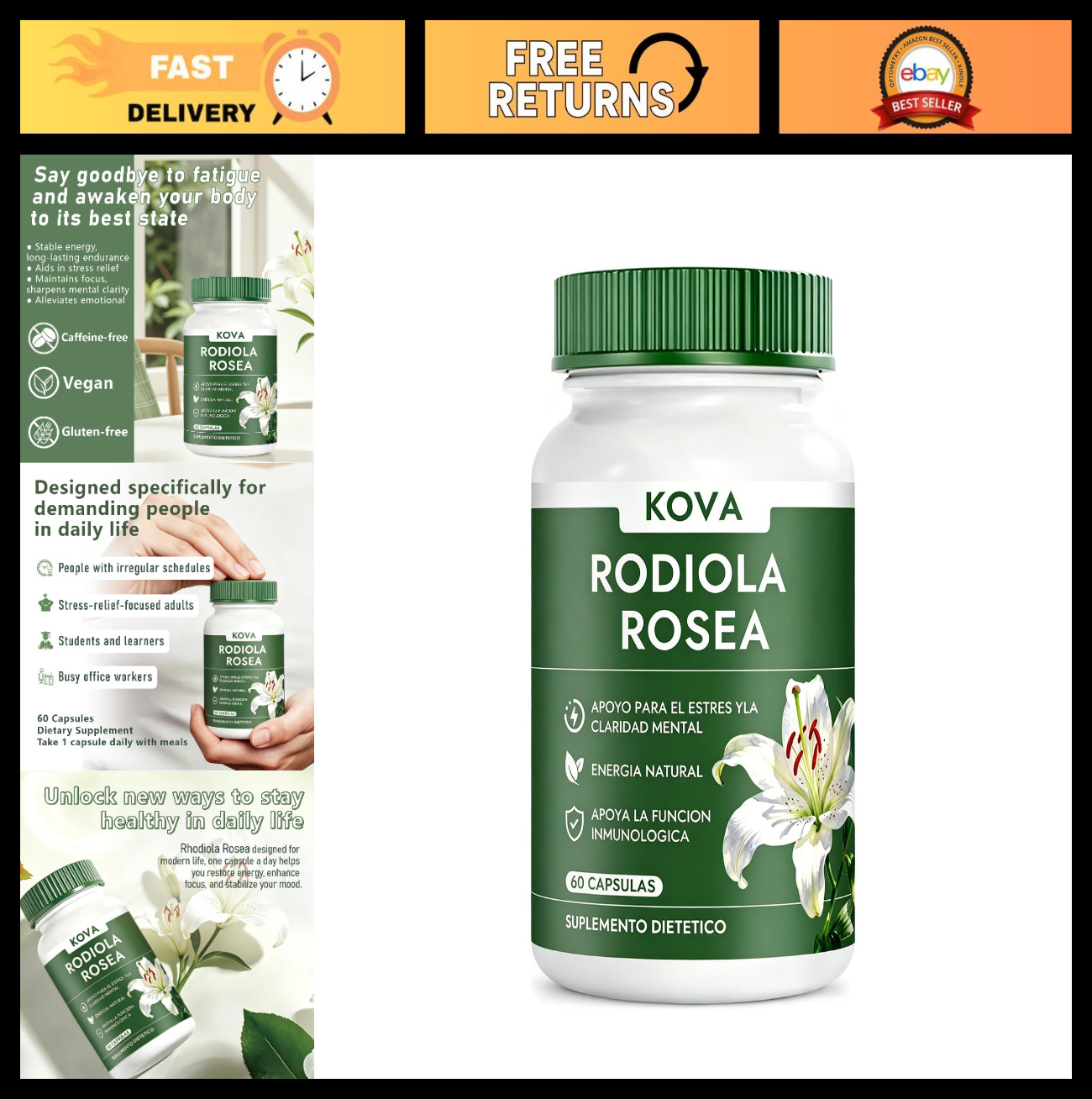 Natural Rhodiola Rosea Supplement for Energy & Mental Wellness Support 60 Caps