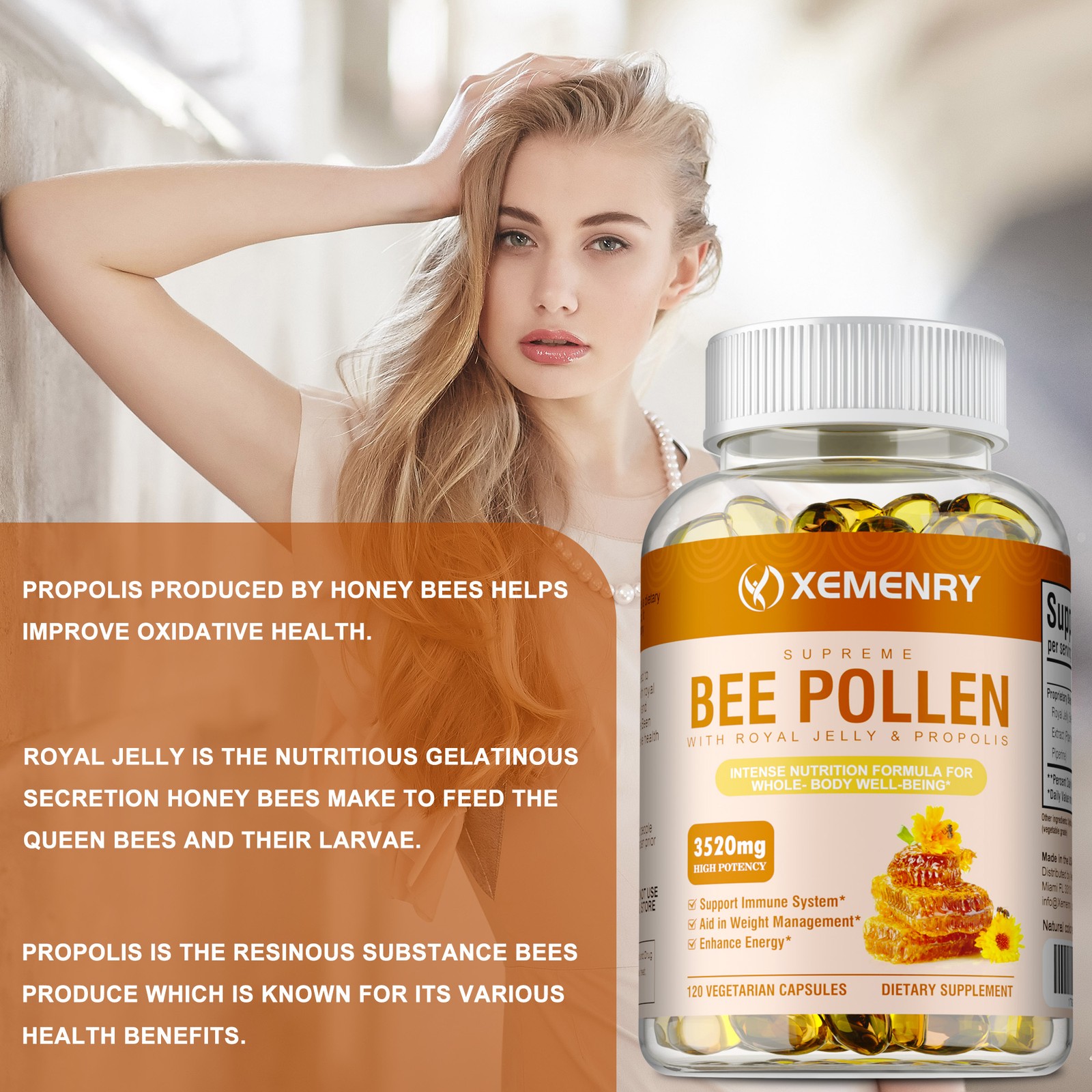 Bee Pollen 3520mg – with Royal Jelly, Propolis, Black Pepper – Enhance Immunity