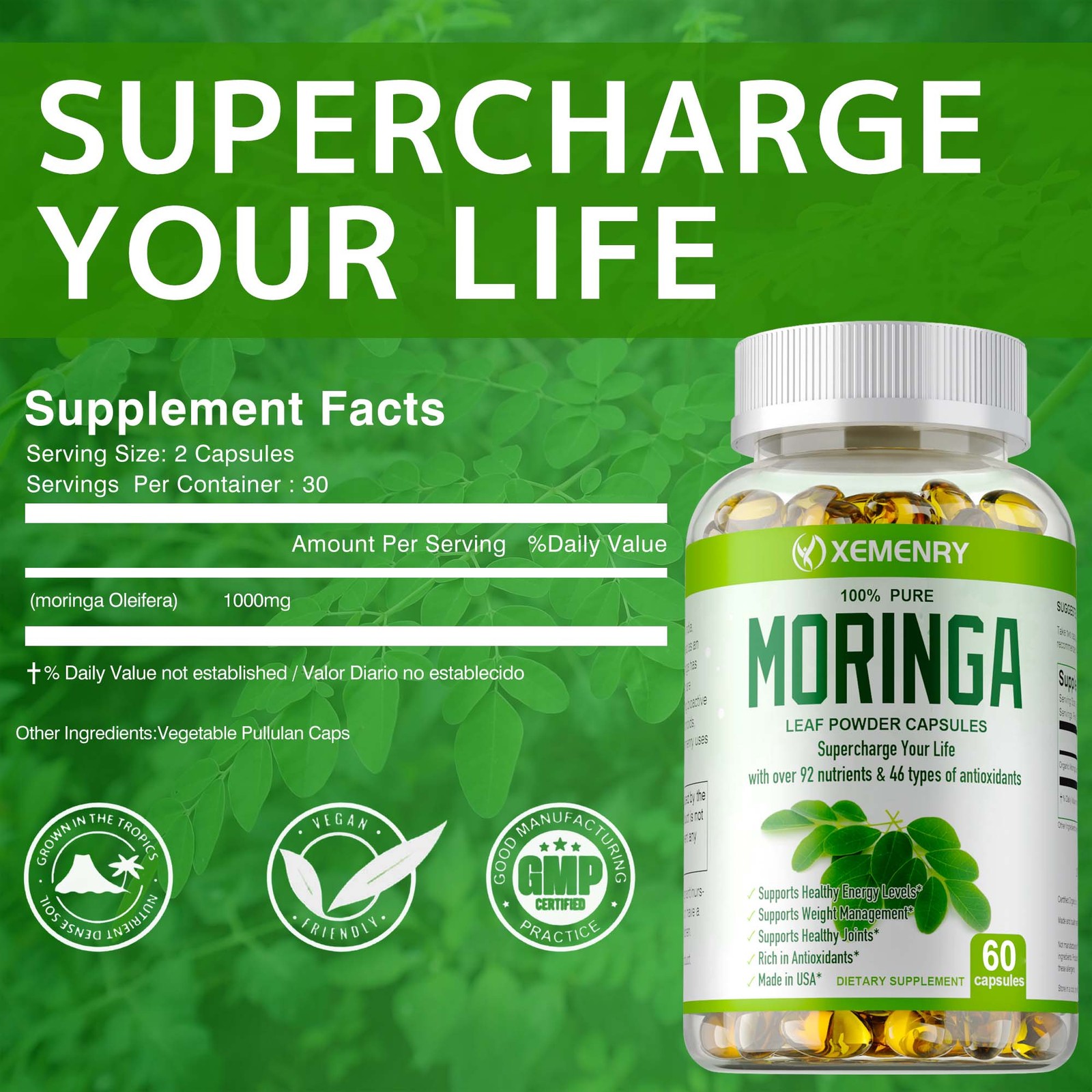 Moringa Capsules 1000mg – Organic,Natural,Anti-aging,Weight Loss,Green Superfood