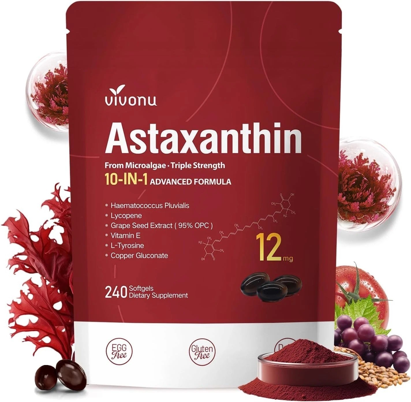 Astaxanthin 12mg 240 Softgels, 4 Month Supply,Triple Strength,Non-GMO,Eye Health
