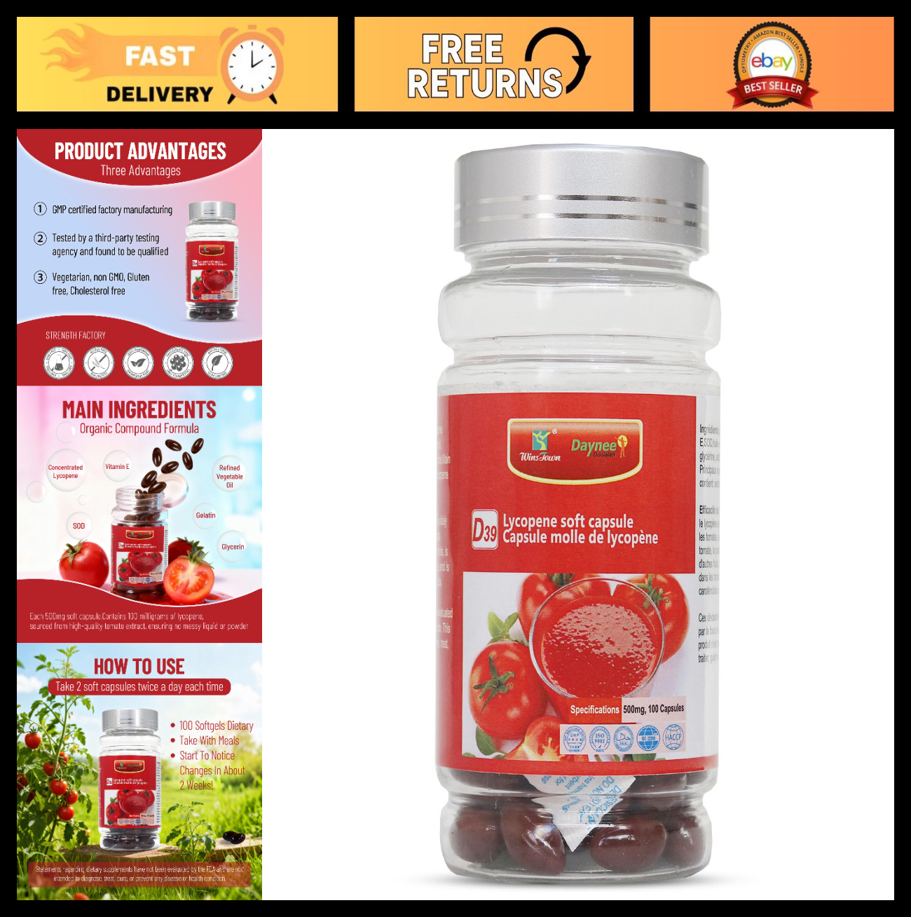 Lycopene 500mg Softgels – Natural Tomato Extract, 100 Count, Prostate & Heart Su
