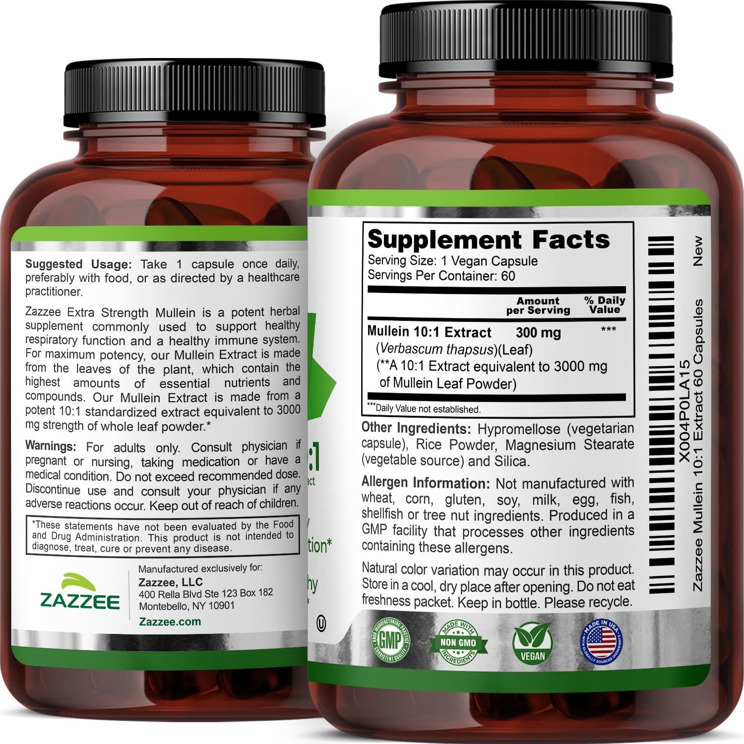 Zazzee Mullein 10:1 Extract, 3000 mg Strength, 60 Vegan Capsules, Kosher