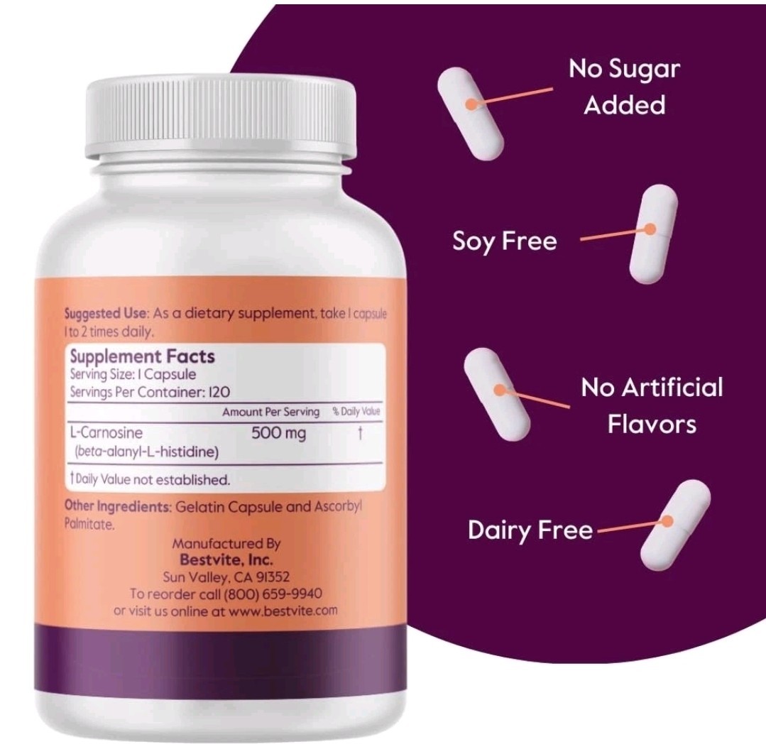 BESTVITE L-Carnosine 500mg (120 Capsules) -No Stearates-Gluten Free- NON-GMO