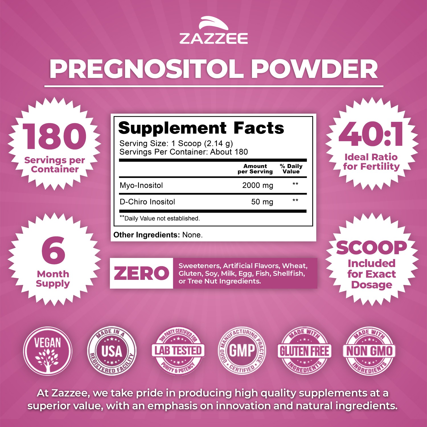 Zazzee PREGNOSITOL Powder, 6 Month Supply, 180 Servings, Myo-Inositol & D-Chiro