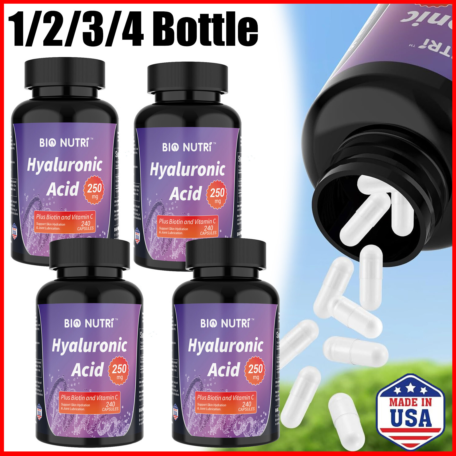 Hyaluronic Acid Capsules + Vitamin C Biotin 250mg 240 Capsules Skin Hydration