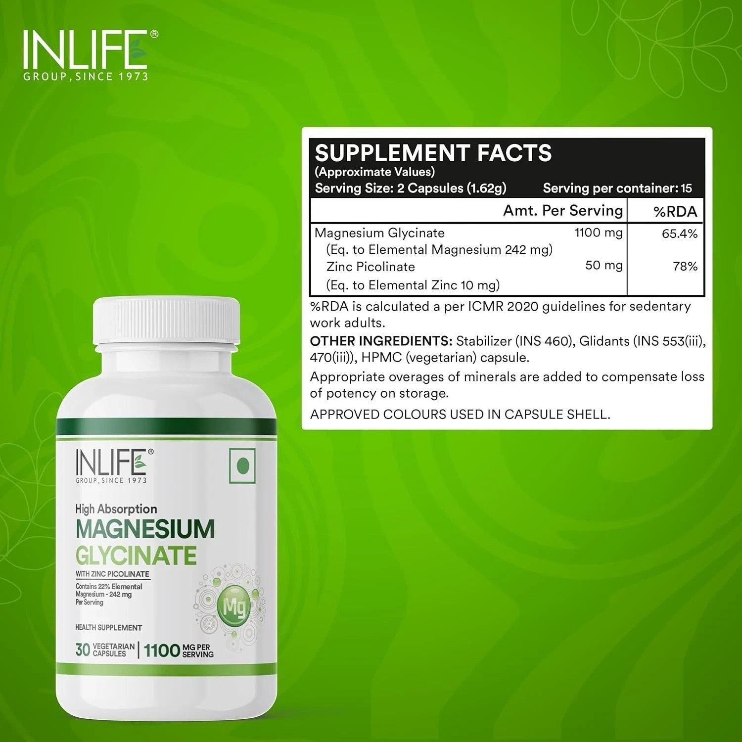 INLIFE Magnesium Glycinate Supplement 1100mg (Elemental Magnesium 242mg) 30N c54