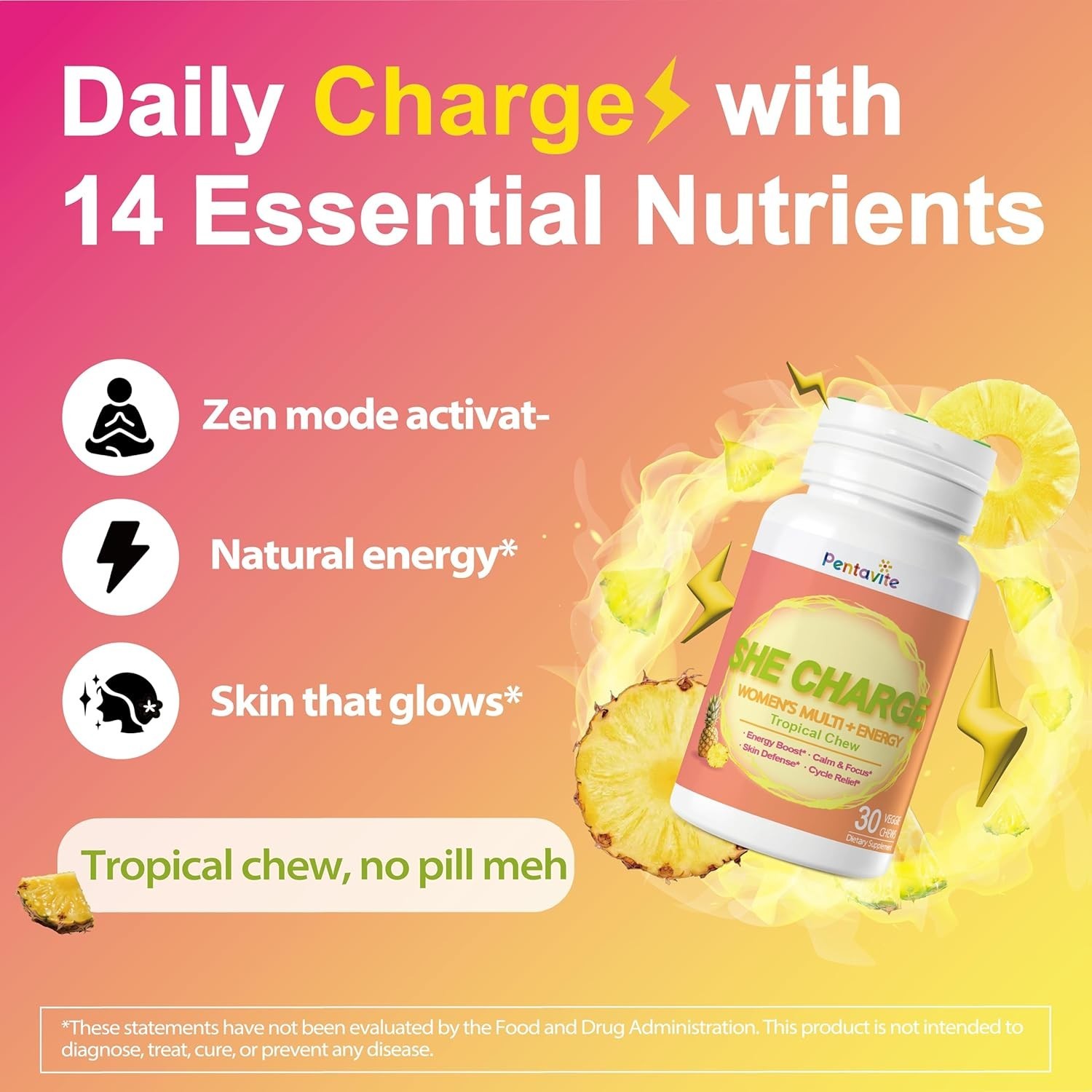 Pentavite She Charge Multivitamin for Women, Pineapple Tropical Chew