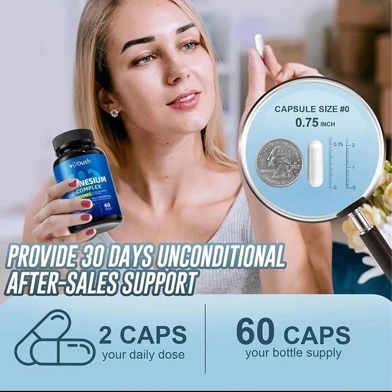 Viyouth Magnesium 7 Complex Capsules 60 Count Sleep Support Bone Health.
