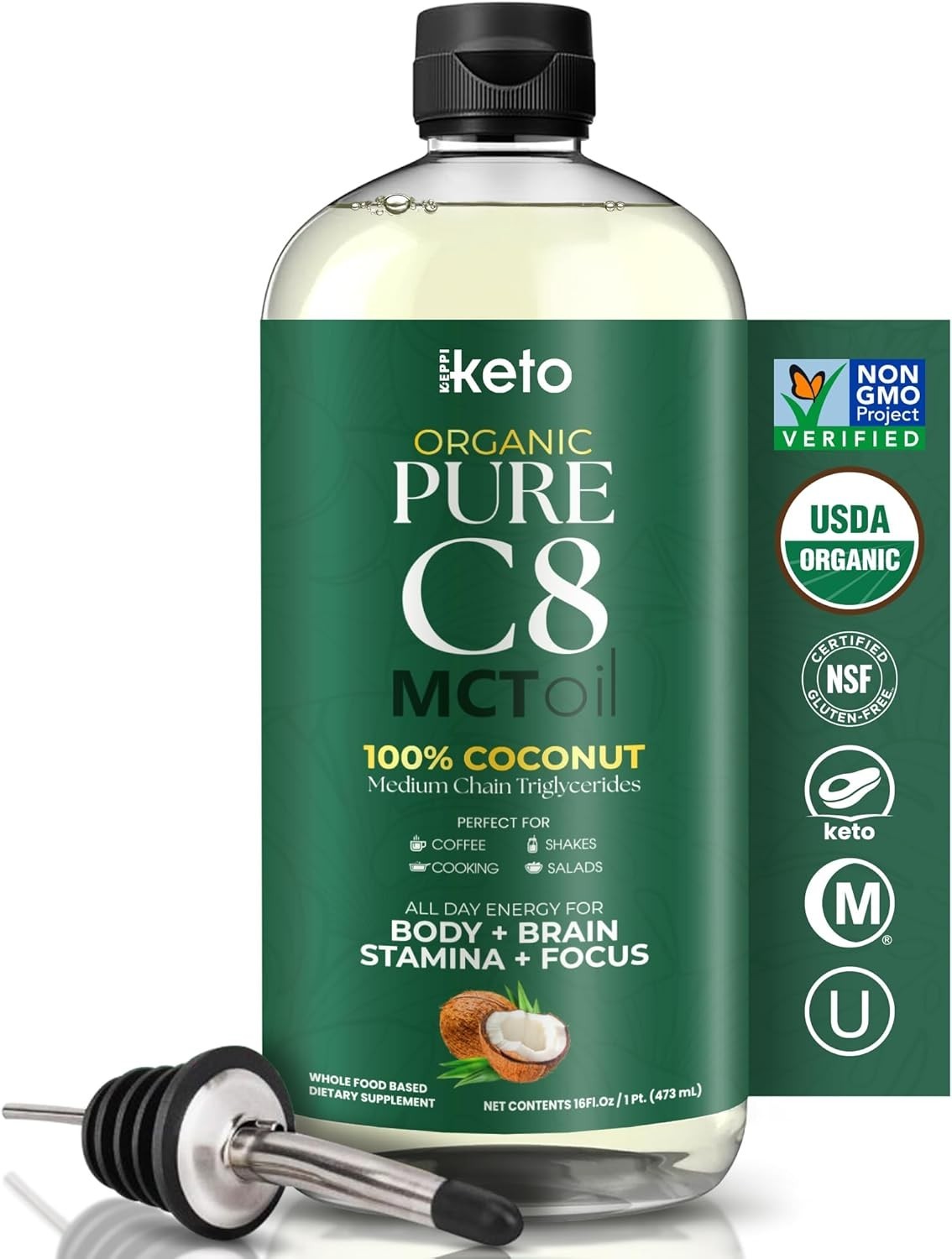 Keppi Keto Organic MCT Oil – Flavorless C8, Non-GMO, 16 Fl Oz (Pack of 1), C8