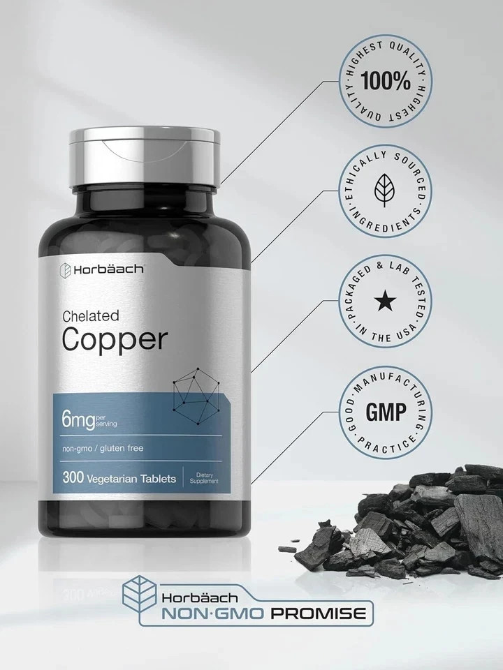 Chelated Copper Supplement 6mg, 300 Tablets, Non-Gmo & Gluten Free, by Horbaach