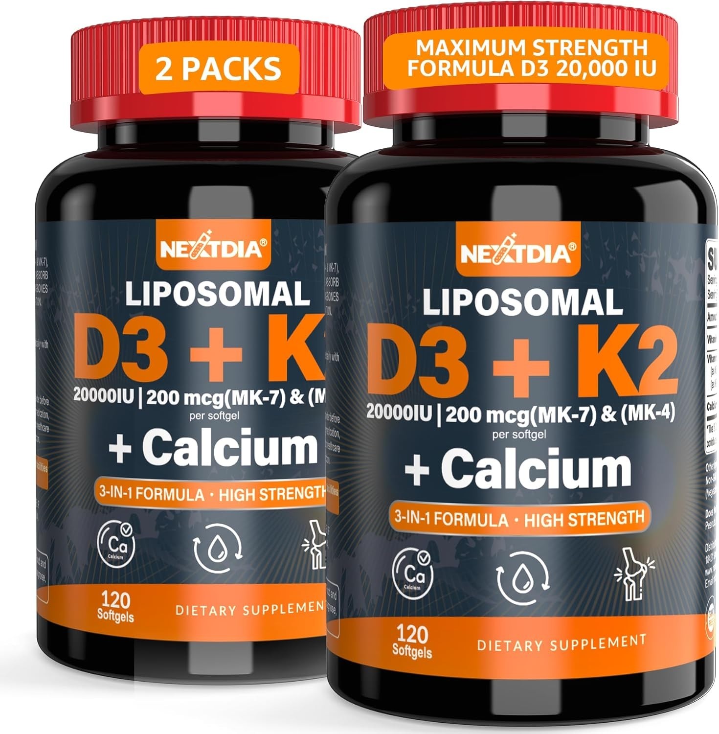 Nextdia Vitamin D3 20,000 IU + K2 MK7 200mcg – Bone, Muscle & Immune Support