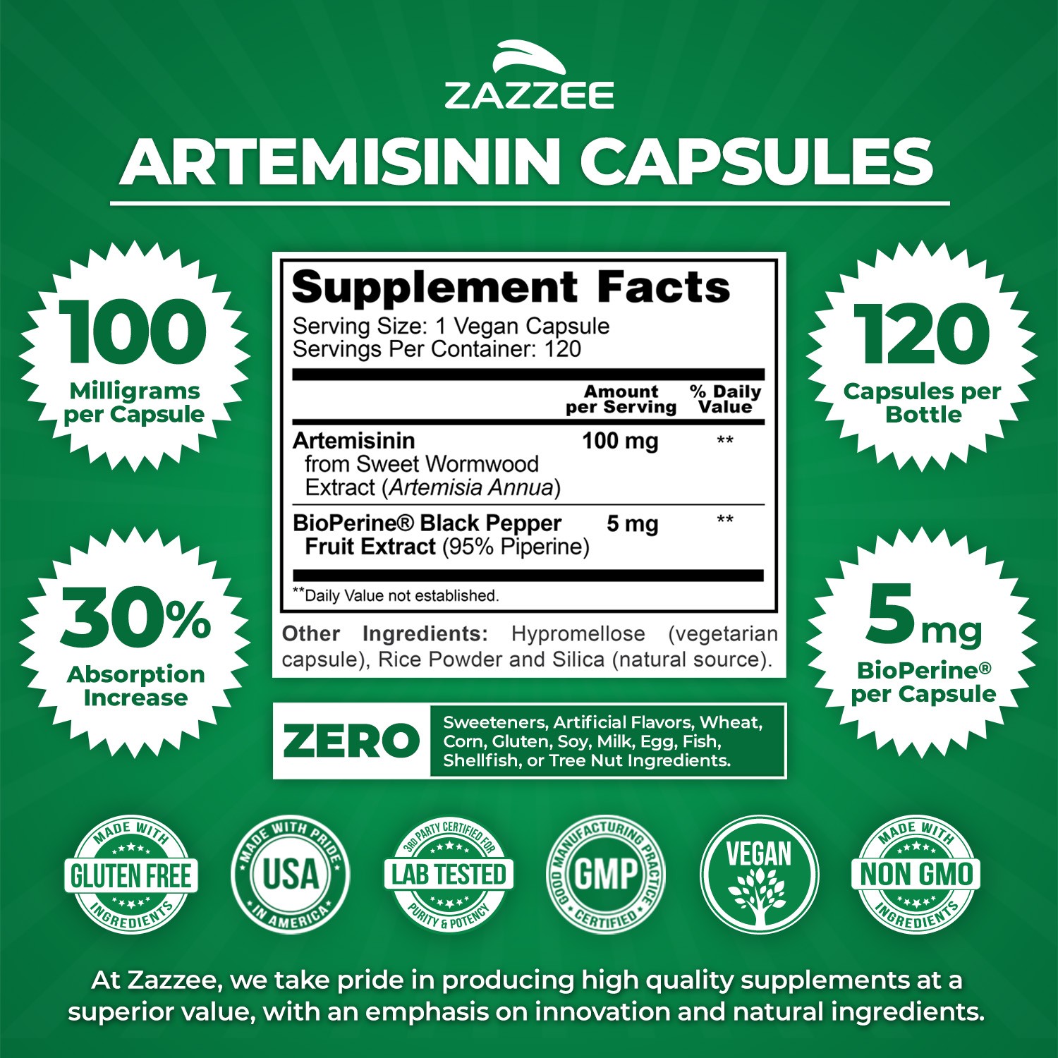 Artemisinin (Sweet Wormwood) 120 Veggie Capsules 100 mg Plus BioPerine 100% Pure