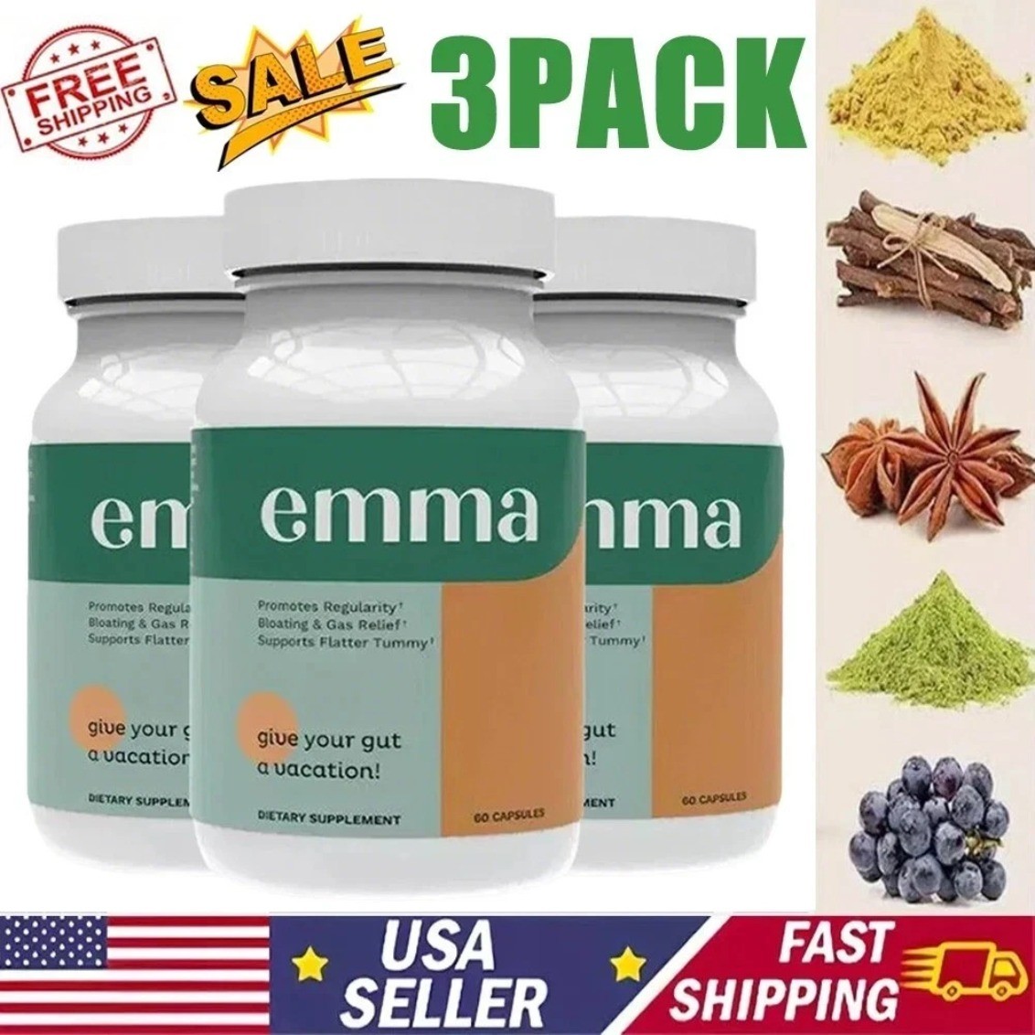 3bottles hot Gut Relief Bloating Vitamins wellness Leaky Gut 60Capsules