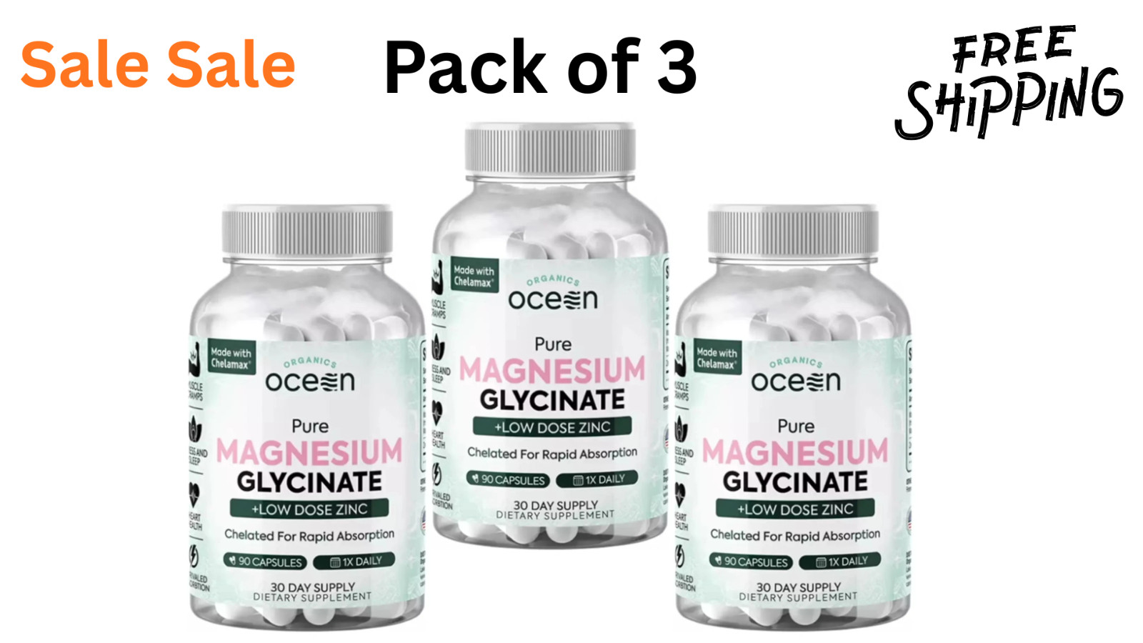 3 Pack Organics Ocean Pure Magnesium Glycinate Zinc Strength Chelated Original