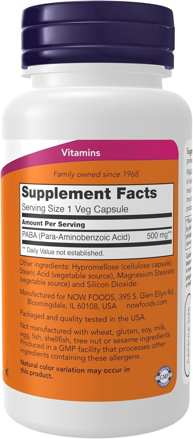 NOW Foods Supplements, PABA (Para-Aminobenzoic Acid) 500 mg, B-Complex Family, 1